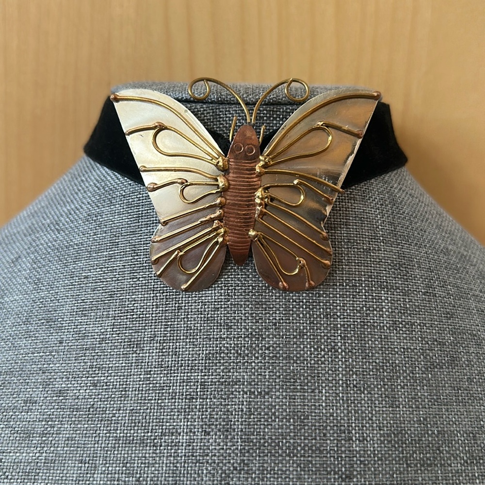 Vintage Handmade Three Tone Metals Butterfly Adjustable Choker Necklace
